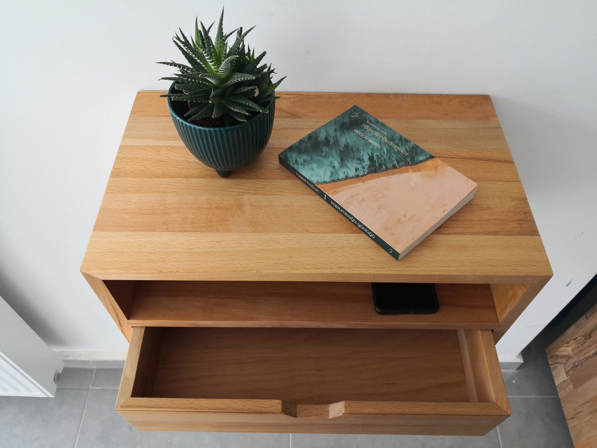 CUSTOM WIDTH Floating Console Table, Floating Nightstand with Drawer, Solid Wood Bedside Table with Shelf