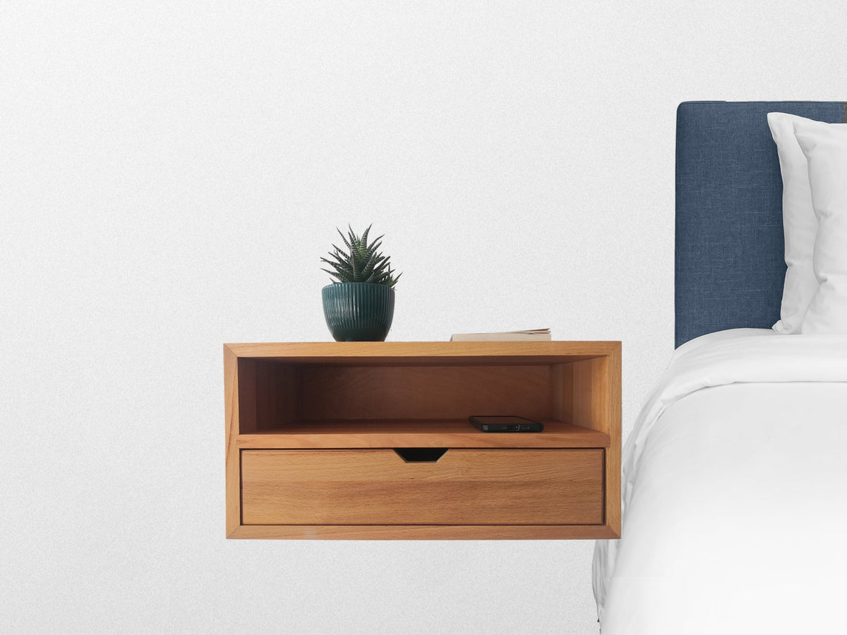 CUSTOM WIDTH Floating Console Table, Floating Nightstand with Drawer, Solid Wood Bedside Table with Shelf