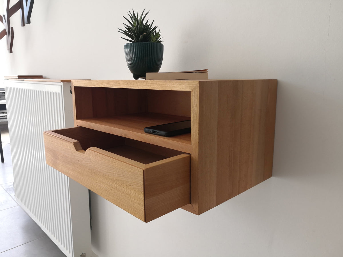 CUSTOM WIDTH Floating Console Table, Floating Nightstand with Drawer, Solid Wood Bedside Table with Shelf