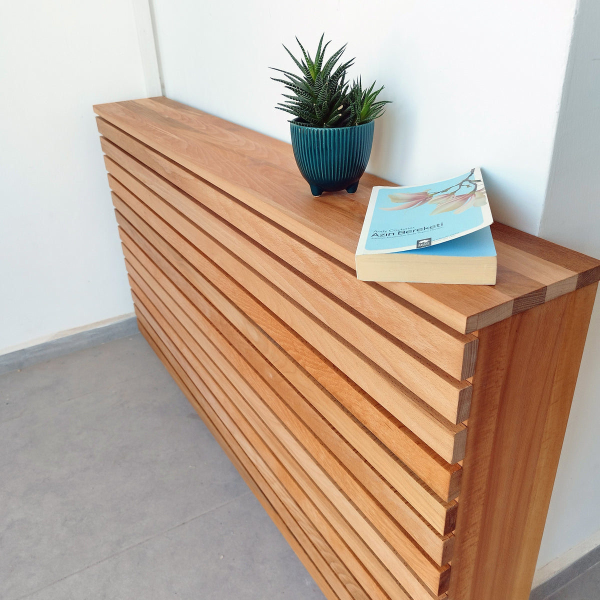 Custom Size Radiator Cover, 12-inch(30 cm) Depth, Horizontal Slat, Wooden Heater Cover, Cat Sleeping Area, Modern and Handcrafted