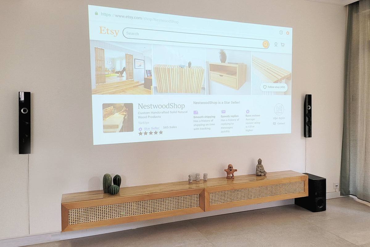 Custom size, Media Console Table, Rattan TV Console, Solid Wood TV Console Table, Floating Modern Media Console with Storage