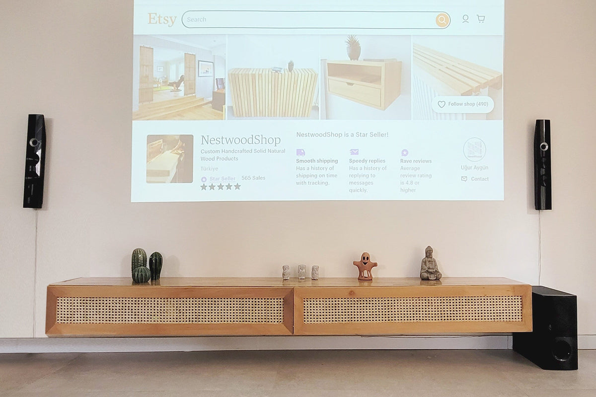 Custom size, Media Console Table, Rattan TV Console, Solid Wood TV Console Table, Floating Modern Media Console with Storage