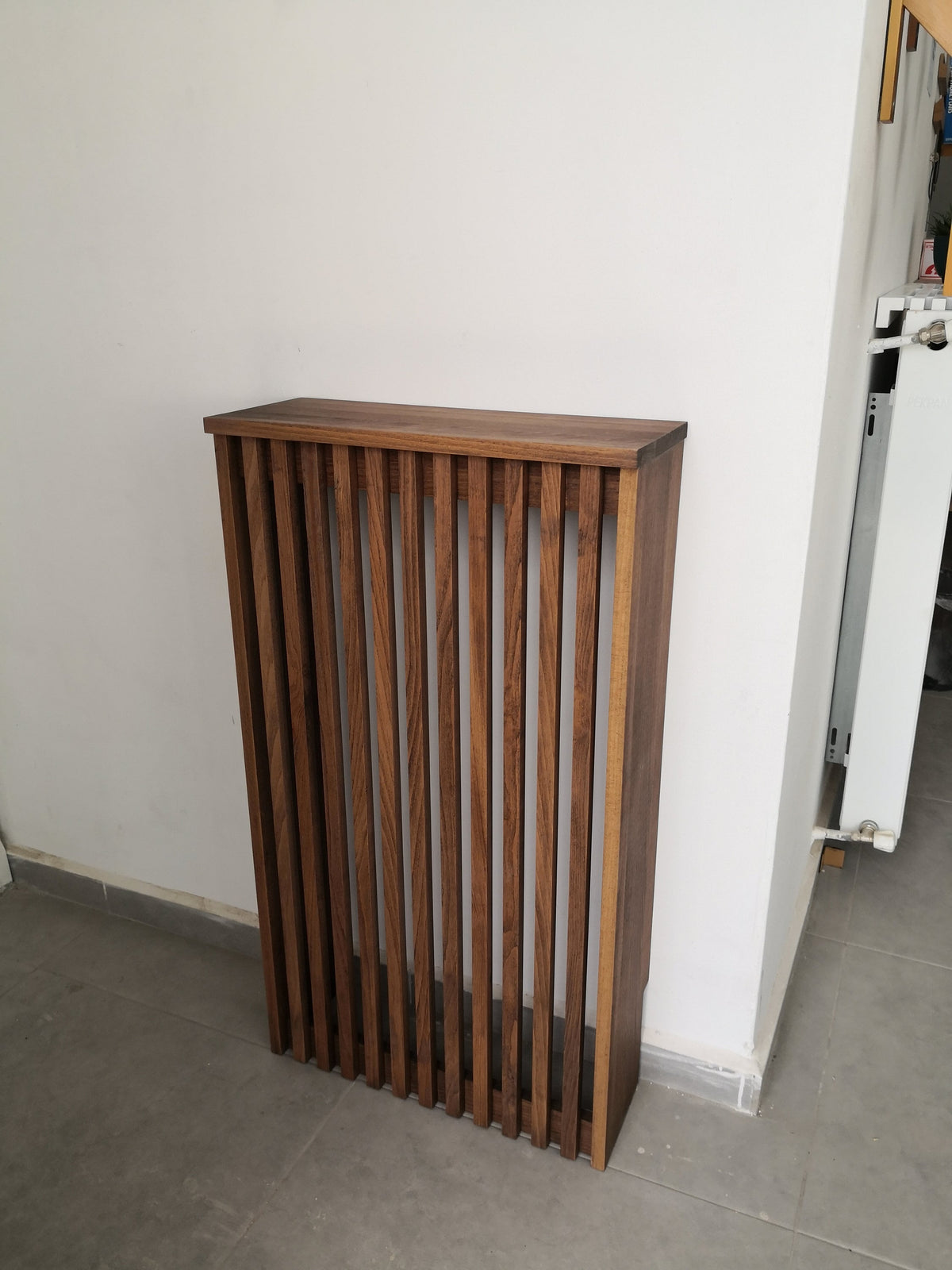 Custom Size Radiator Cover, 9-inch (23 cm) Depth, Slatted Design, Solid Wood Heater Cover with Wooden Slats, Cat Sleeping Area