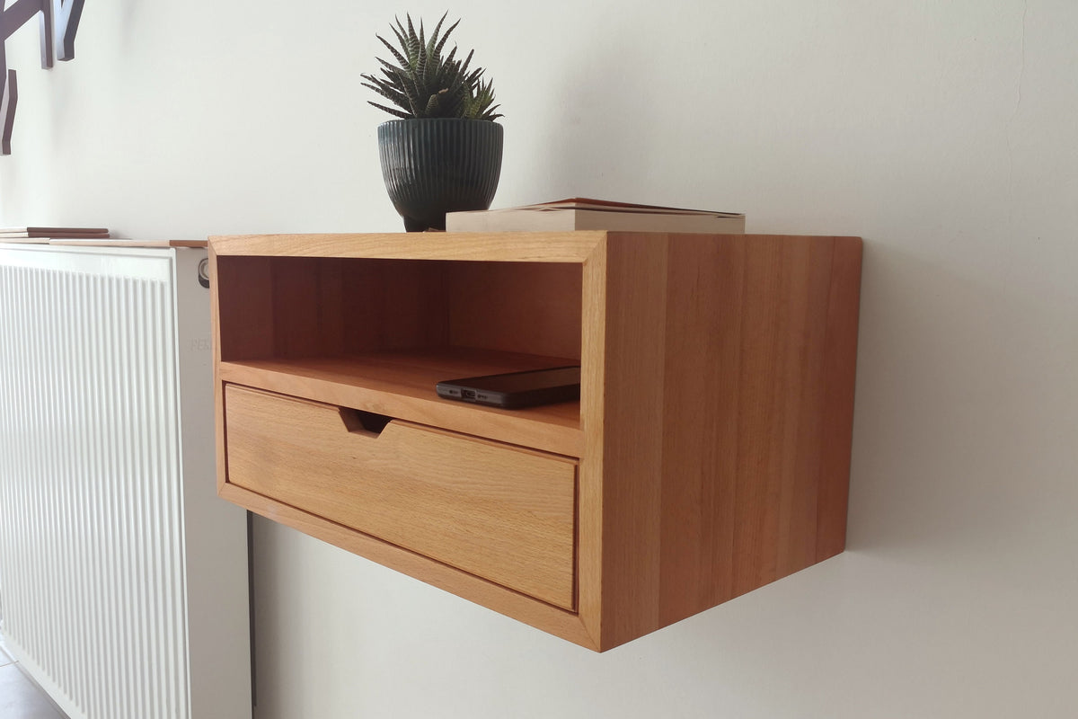 CUSTOM WIDTH Floating Console Table, Floating Nightstand with Drawer, Solid Wood Bedside Table with Shelf