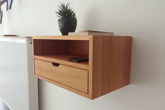 CUSTOM WIDTH Floating Console Table, Floating Nightstand with Drawer, Solid Wood Bedside Table with Shelf