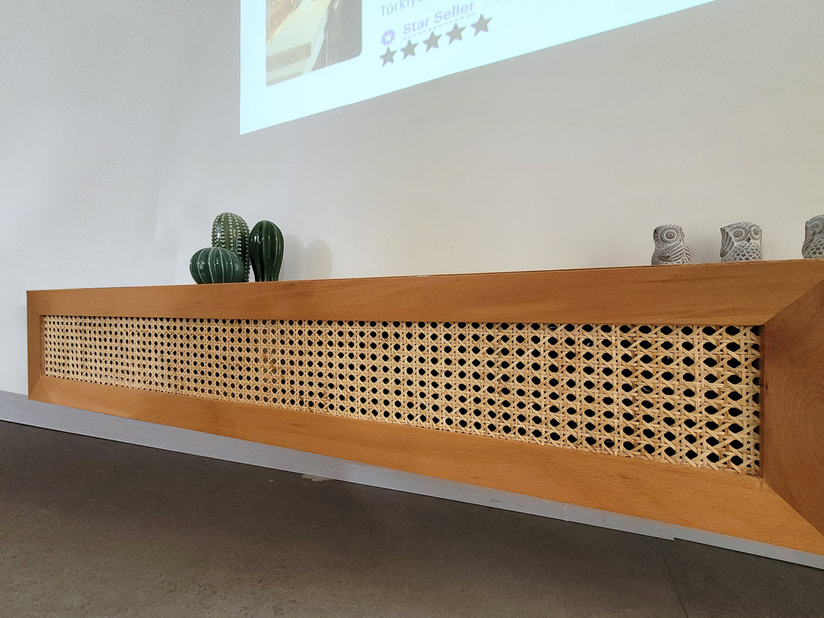 Custom size, Media Console Table, Rattan TV Console, Solid Wood TV Console Table, Floating Modern Media Console with Storage