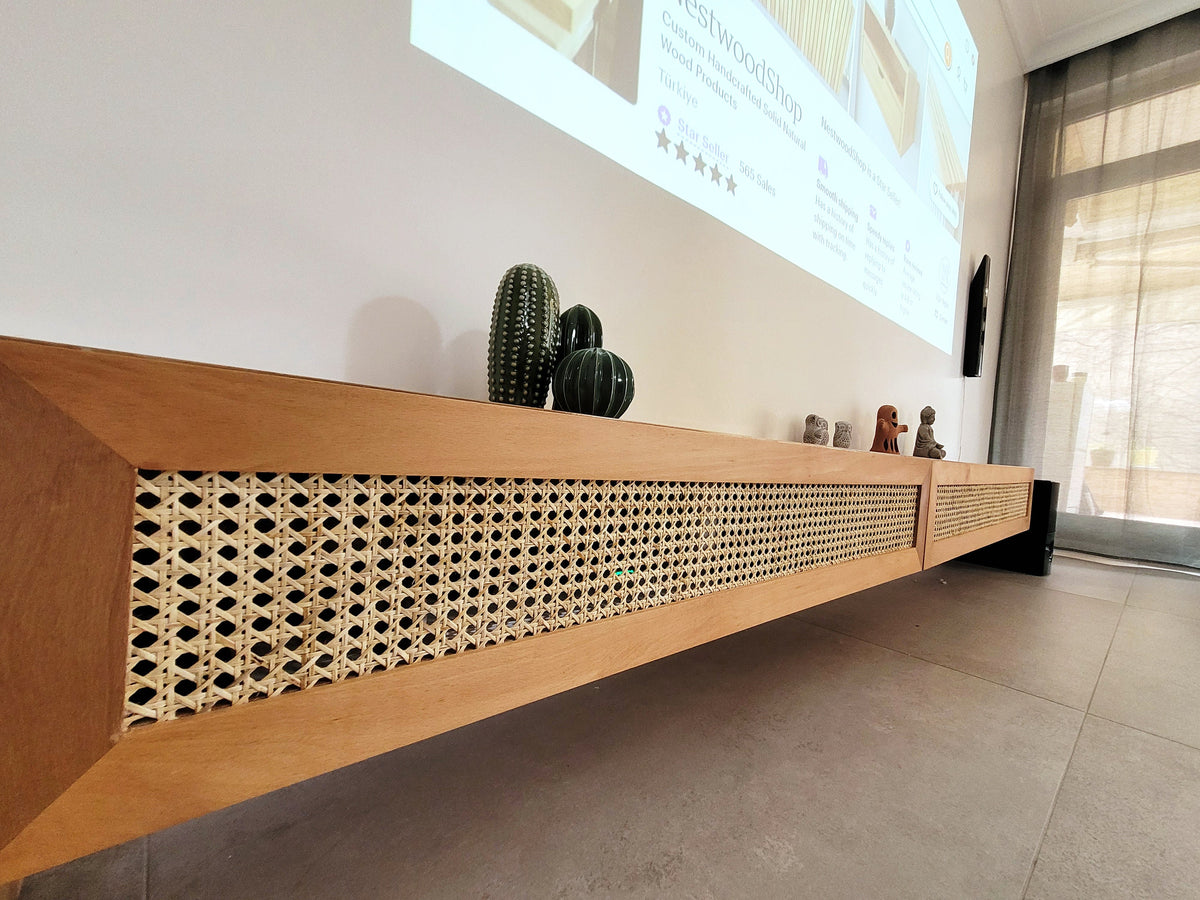 Custom Size Floating Entryway Shelf, Narrow Entryway Console Table, Wall Mounted Entryway Table with Rattan Cover, MADE TO ORDER