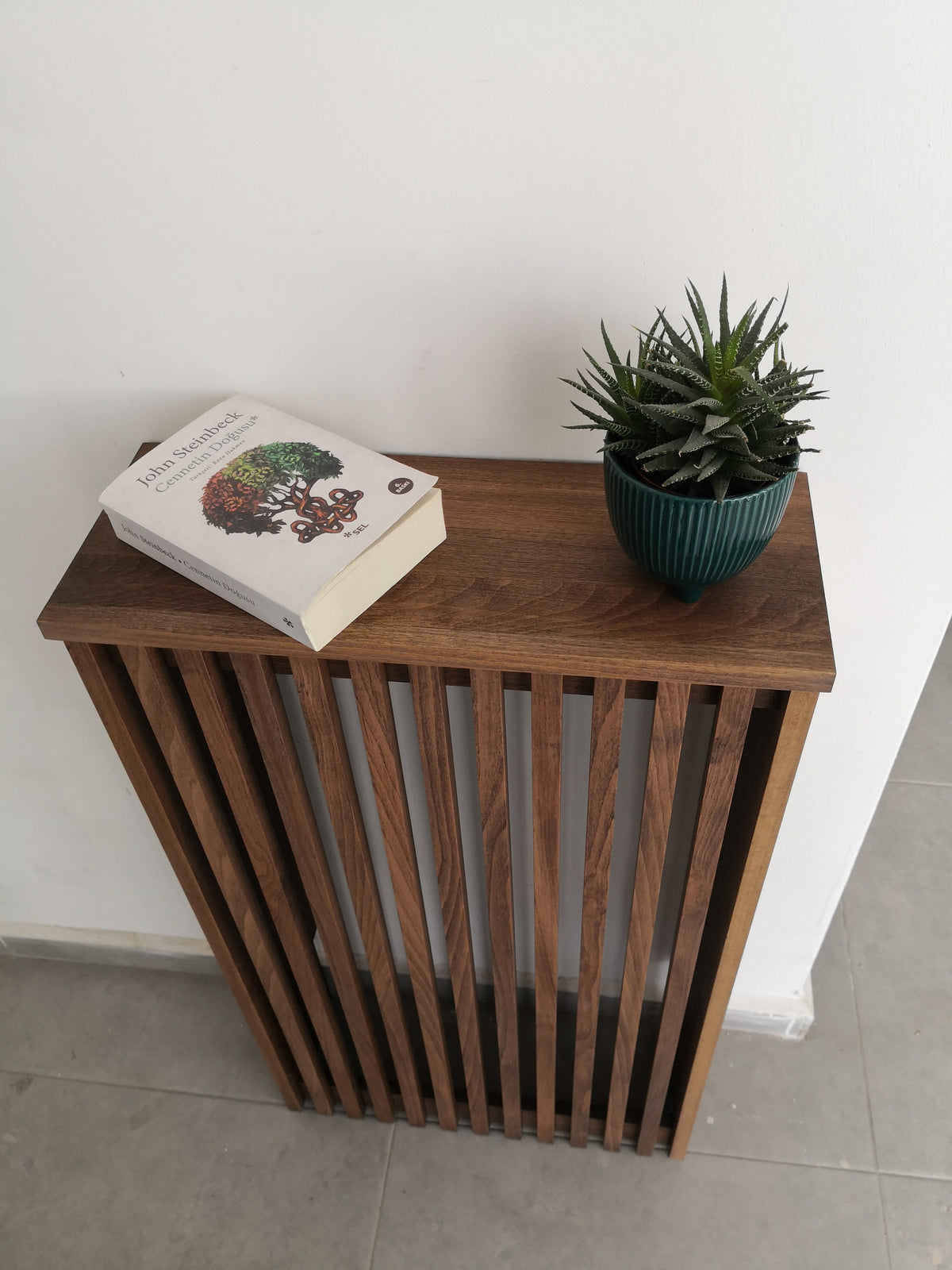 Custom Size Radiator Cover, 9-inch (23 cm) Depth, Slatted Design, Solid Wood Heater Cover with Wooden Slats, Cat Sleeping Area