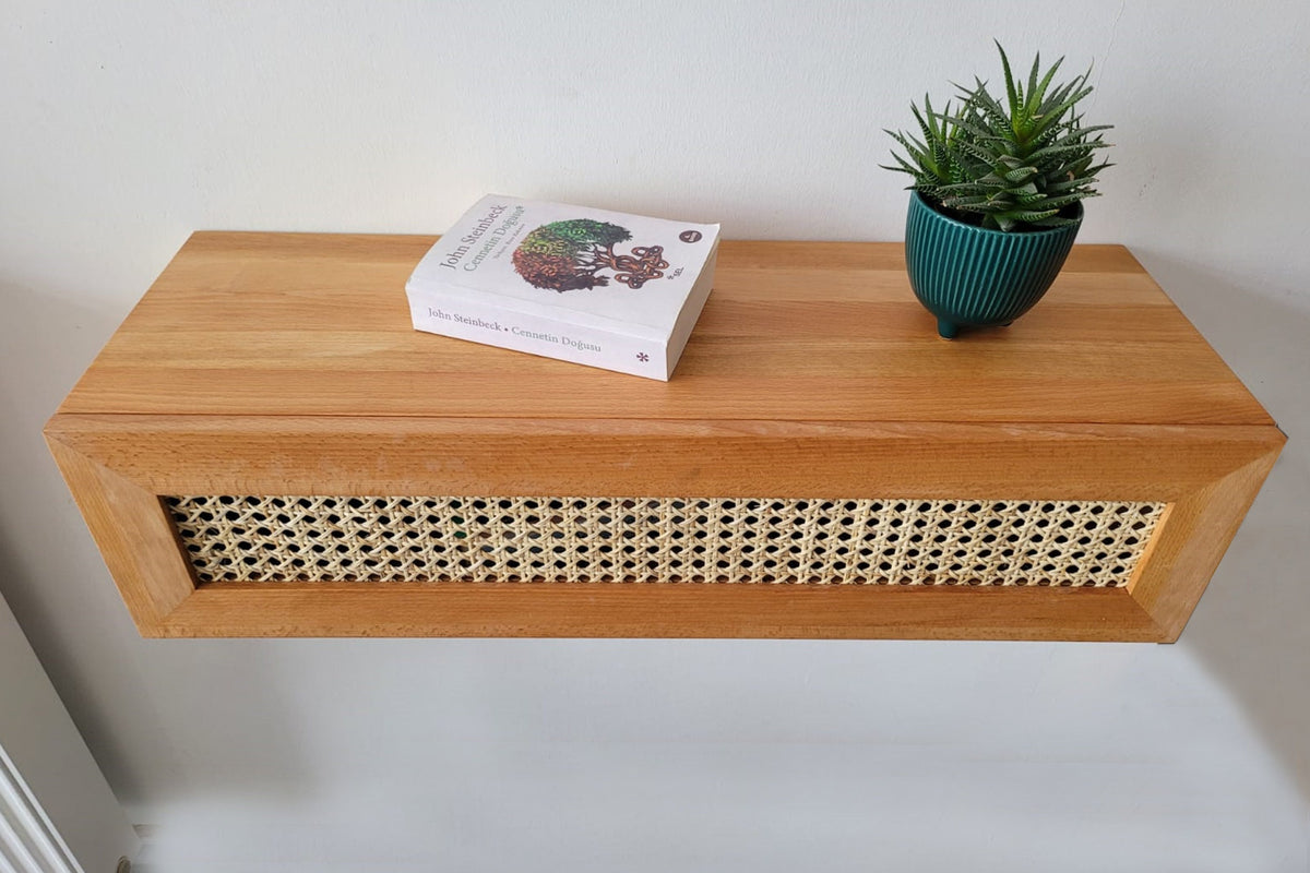 Custom Size Floating Entryway Shelf, Narrow Entryway Console Table, Wall Mounted Entryway Table with Rattan Cover, MADE TO ORDER