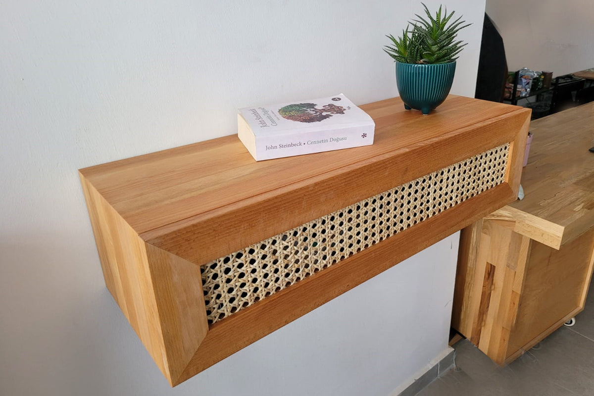 Custom Size Floating Entryway Shelf, Narrow Entryway Console Table, Wall Mounted Entryway Table with Rattan Cover, MADE TO ORDER