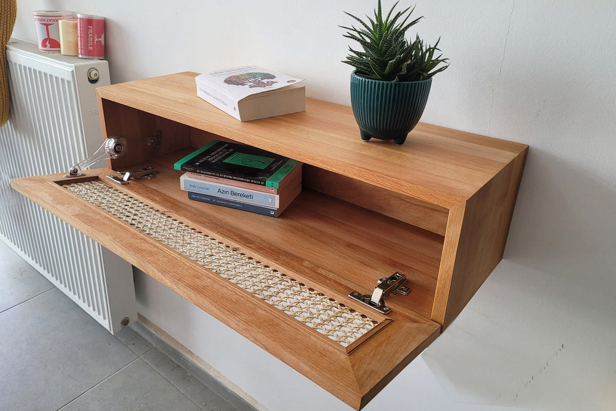 Custom Size Floating Entryway Shelf, Narrow Entryway Console Table, Wall Mounted Entryway Table with Rattan Cover, MADE TO ORDER