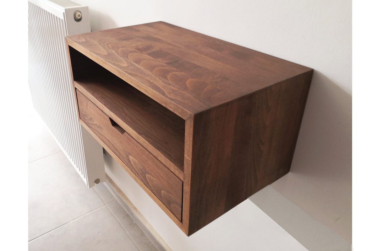 CUSTOM WIDTH Floating Console Table, Floating Nightstand with Drawer, Solid Wood Bedside Table with Shelf