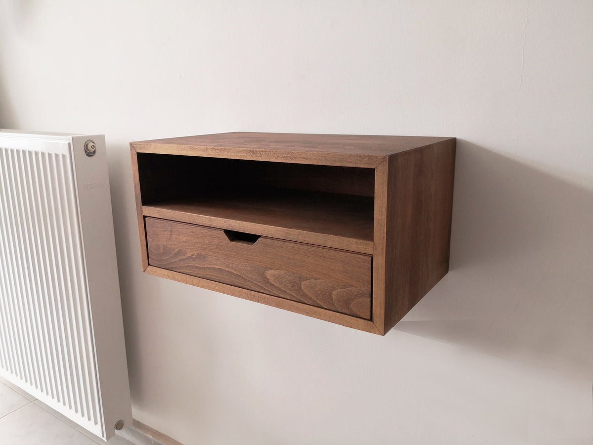 CUSTOM WIDTH Floating Console Table, Floating Nightstand with Drawer, Solid Wood Bedside Table with Shelf