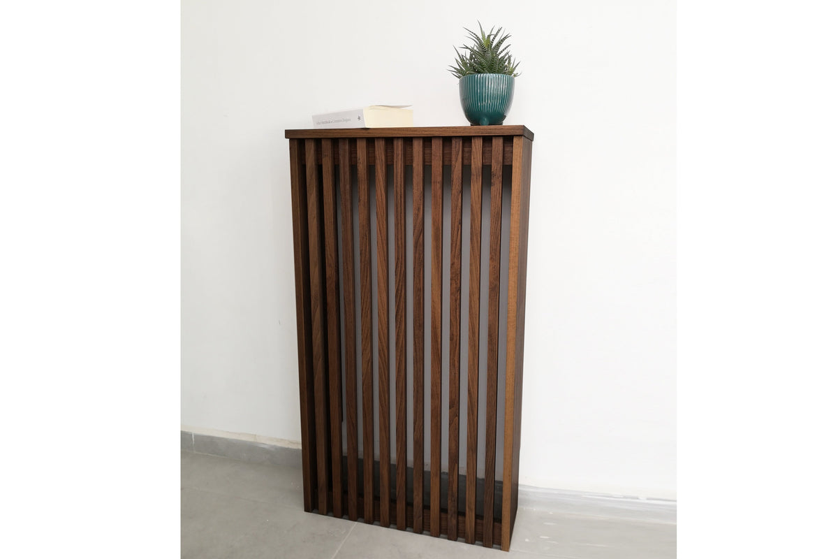 Custom Size Radiator Cover, 9-inch (23 cm) Depth, Slatted Design, Solid Wood Heater Cover with Wooden Slats, Cat Sleeping Area