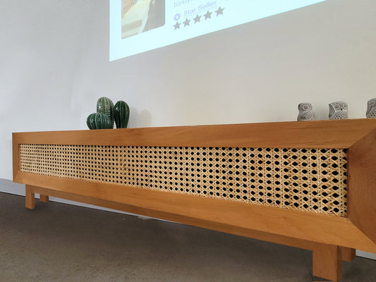 Custom size, Media Console Table, Rattan TV Console, Solid Wood TV Console Table, Modern Media Console with Storage