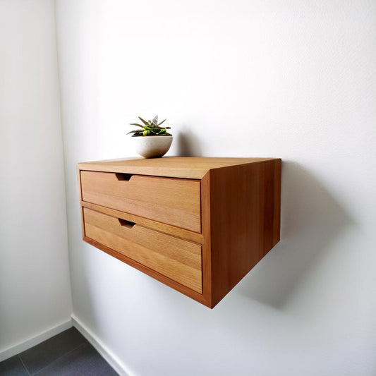 CUSTOM WIDTH Floating Console Table, Floating Nightstand with Double Drawers, Solid Wood Bedside Table with Shelf