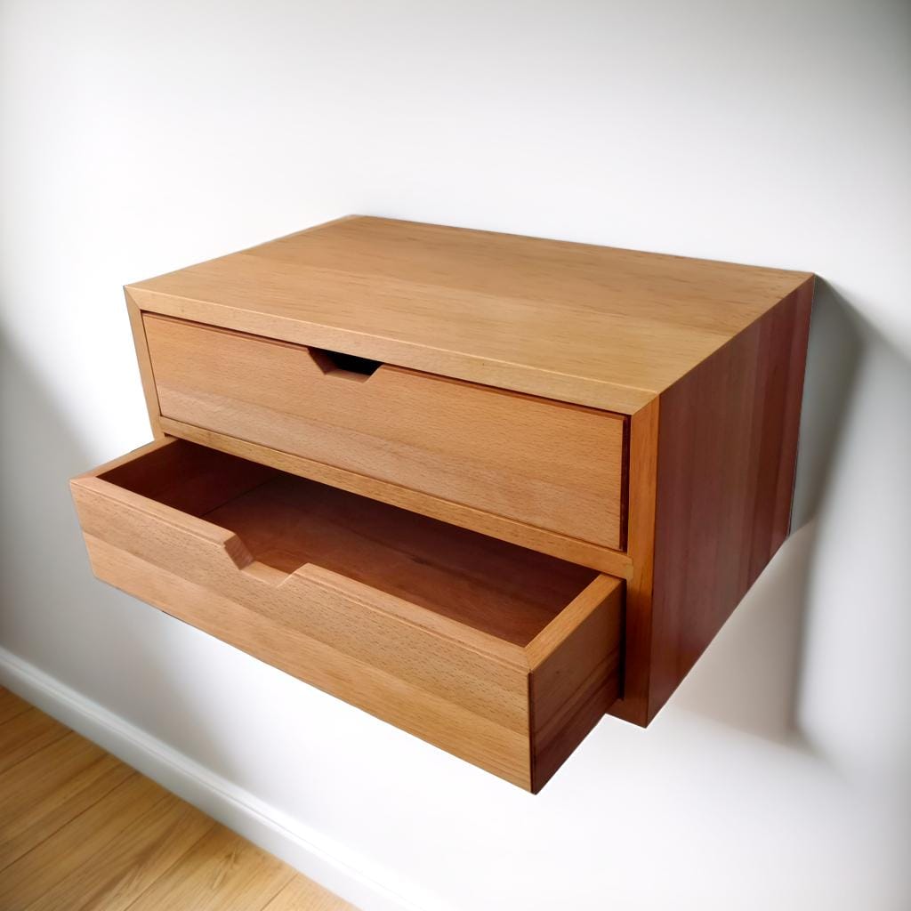 CUSTOM WIDTH Floating Console Table, Floating Nightstand with Double Drawers, Solid Wood Bedside Table with Shelf