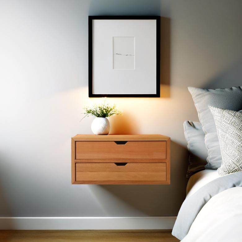 CUSTOM WIDTH Floating Console Table, Floating Nightstand with Double Drawers, Solid Wood Bedside Table with Shelf