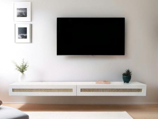 Wall Mounted, Rattan TV Stand, White Solid Wood TV Console Table, Floating Modern Media Console with Storage